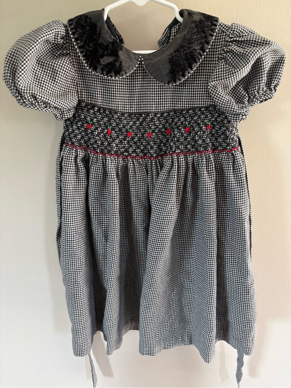 Black & White Smocked Peter Pan Collar Kids Dress with Red Accent